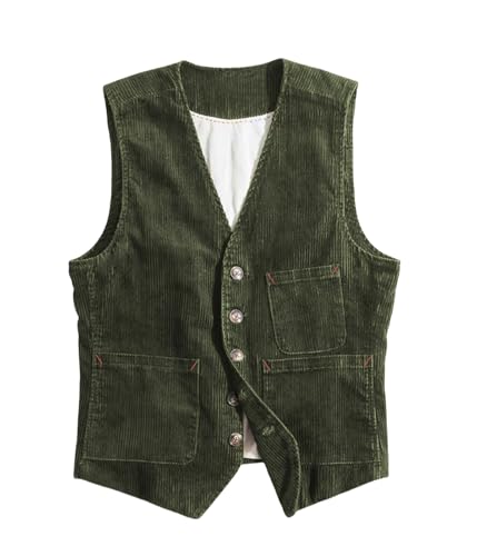 Solovedress Herren Vintage Cord ärmellose Weste Casual V-Ausschnitt Anzugweste Kleid Herrenwesten für Party(Jagdgrün,M) von Solovedress