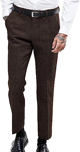 Solovedress Herren Vintage Herringbone Anzughose Regular Fit Business Anzug Hosen für Hochzeit Trauzeugen(Coffee,32W34L) von Solovedress