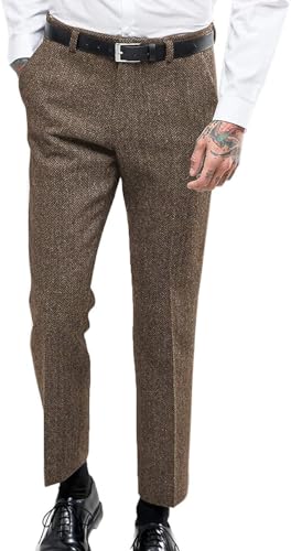 Solovedress Herren Vintage Herringbone Anzughose Tweed hoch taillierte Wolle Slim Fit Hose für Hochzeit Trauzeugen(Braun,30) von Solovedress