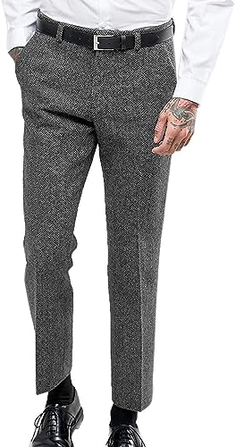 Solovedress Herren Vintage Herringbone Anzughose Tweed hoch taillierte Wolle Slim Fit Hose für Hochzeit Trauzeugen(Grau,34) von Solovedress