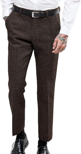 Solovedress Herren Vintage Herringbone Anzughose Tweed hoch taillierte Wolle Slim Fit Hose für Hochzeit Trauzeugen(Kaffee,42) von Solovedress