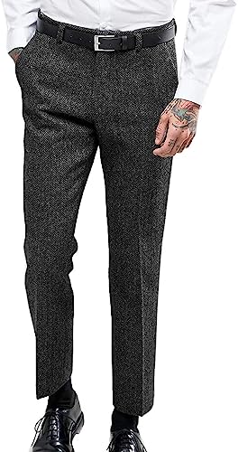 Solovedress Herren Vintage Herringbone Anzughose Tweed hoch taillierte Wolle Slim Fit Hose für Hochzeit Trauzeugen(Schwarz,30) von Solovedress