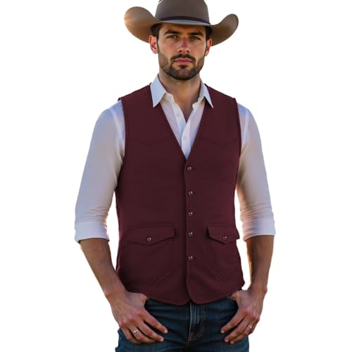 Solovedress Herren Wildleder Anzug Weste Regular Fit Jahrgang Soft Kunstleder Western Cowboy Weste(Burgund,XXXL) von Solovedress