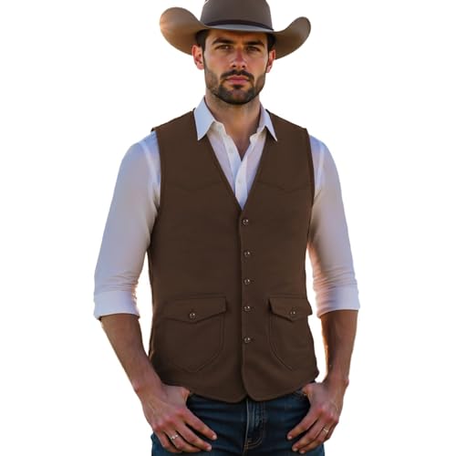 Solovedress Herren Wildleder Anzug Weste Regular Fit Jahrgang Soft Kunstleder Western Cowboy Weste(Kaffee,L) von Solovedress
