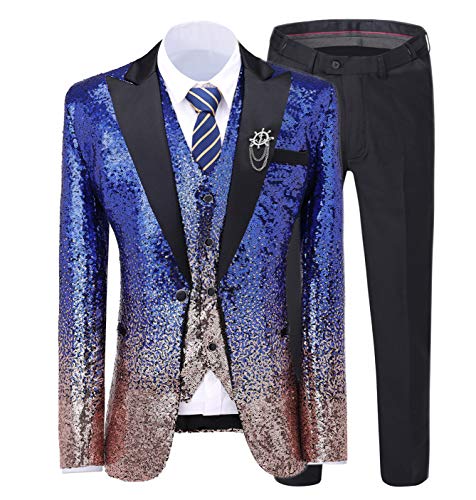 Solovedress Herrenanzug Pailletten 3 Stück Casual Hochzeit Anzug Slim Fit Kerbe Revers Groomsmen Smoking (Blazer+Weste+Hose)(Königsblau-Gold,40) von Solovedress