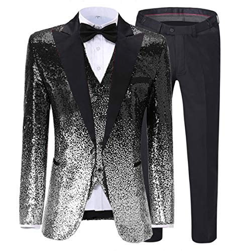 Solovedress Herrenanzug Pailletten 3 Stück Casual Hochzeit Anzug Slim Fit Kerbe Revers Groomsmen Smoking (Blazer+Weste+Hose)(schwarz-Silber,38) von Solovedress