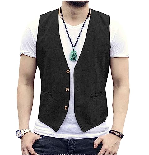 Solovedress Mens Sommer Slim Fit Weste Leinen V Ausschnitt Mode Anzug Weste Kleid für Hochzeit und Party(Black,XXL) von Solovedress