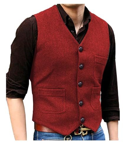 Solovedress Mens Vintage Classic Wolle Anzugweste Formale Regular Fit Weste Anzug Weste für Hochzeit Groomsmen(Red,XS) von Solovedress