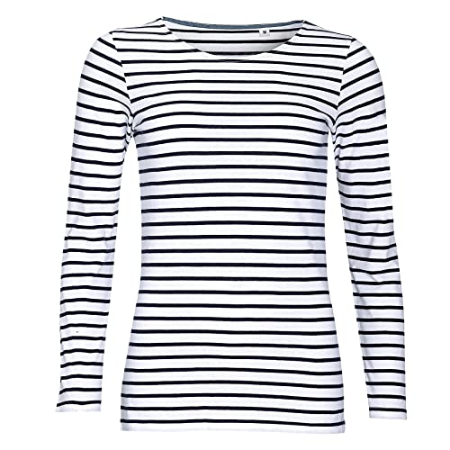 Sols Damen Marine T-Shirt, gestreift, langärmlig (2XL) (Weiß/Marineblau) von SOL'S
