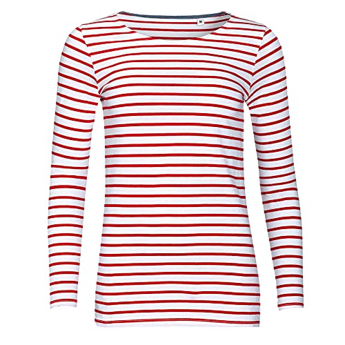 Sols Damen Marine T-Shirt, gestreift, langärmlig (2XL) (Weiß/Rot) von SOL'S