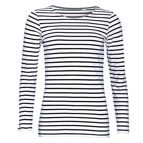 Sols Damen Marine T-Shirt, gestreift, langärmlig (L) (Weiß/Marineblau) von SOL'S