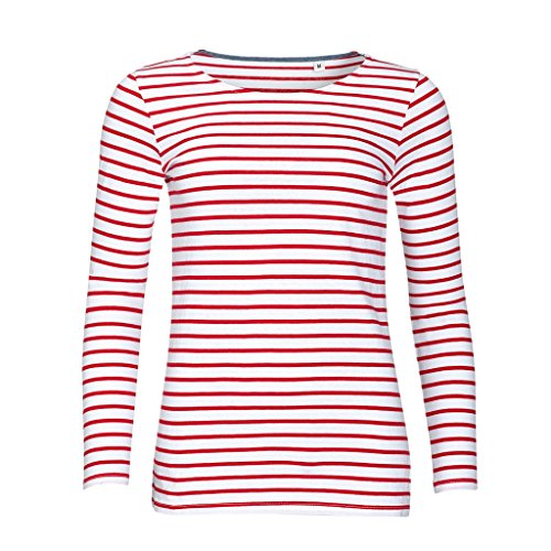 SOLS Damen Marine T-Shirt, gestreift, langärmlig (XS) (Weiß/Rot) von SOL'S