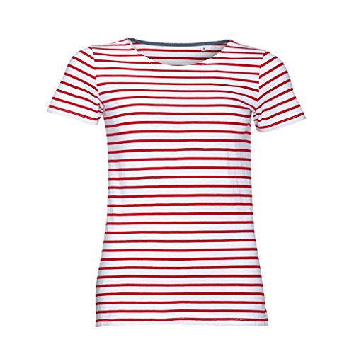 Sols Damen Miles T-Shirt, gestreift, kurzärmlig (M) (Weiß/Rot) von SOL'S