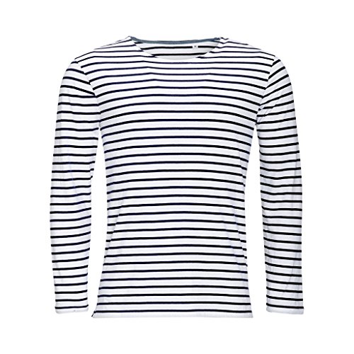 SOLS Herren Marine T-Shirt, gestreift, langärmlig (L) (Weiß/Marineblau) von SOL'S