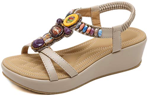 Solshine Damen Bohemian Plateau Sandalen Keilabsatz Sommerschuhe A709 Aprikose 35EU von Solshine