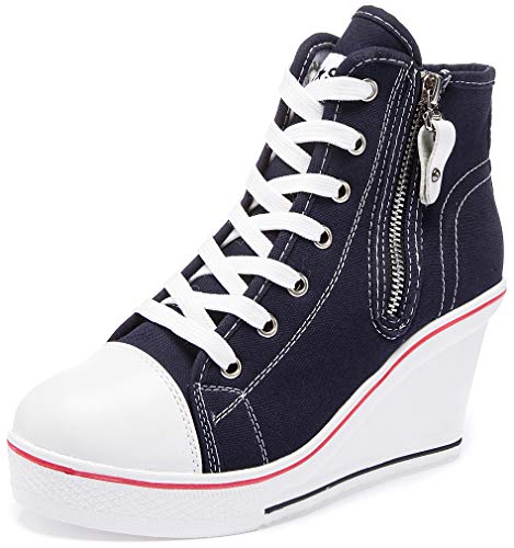 Solshine Damen Canvas Sneaker Wedge Turnschuhe mit 8cm Keilabsatz 689 Dunkelblau 35EU von Solshine