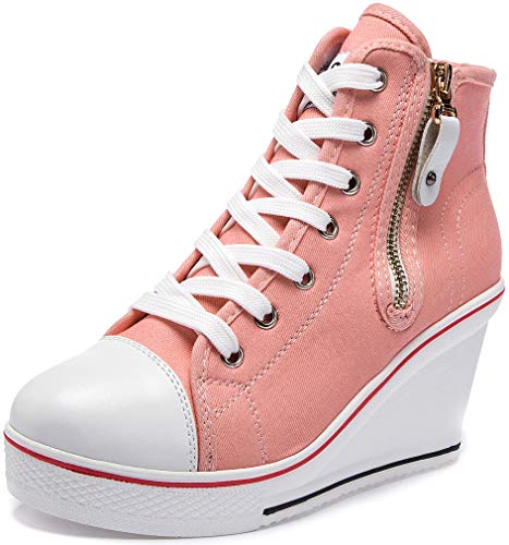 Solshine Damen Canvas Sneaker Wedge Turnschuhe mit 8cm Keilabsatz 689 Rosa 35EU von Solshine