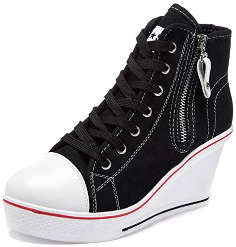 Solshine Damen Canvas Sneaker Wedge Turnschuhe mit 8cm Keilabsatz 689 Schwarz 37EU von Solshine