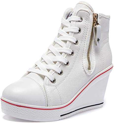 Solshine Damen Canvas Sneaker Wedge Turnschuhe mit 8cm Keilabsatz 689 Weiss 36EU von Solshine