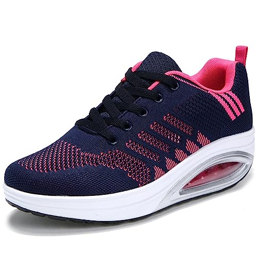 Solshine Damen Fashion Plateau Schnürer Sneakers Dämpfung Keilabsatz Fitnessschuhe 016 Dunkelblau 36EU von Solshine