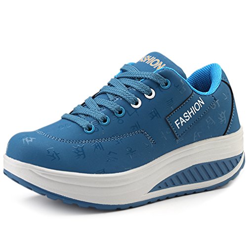 Solshine Damen Fashion Plateau Schnürer Sneakers Dämpfung Keilabsatz Fitnessschuhe 016 Blau 41EU von Solshine