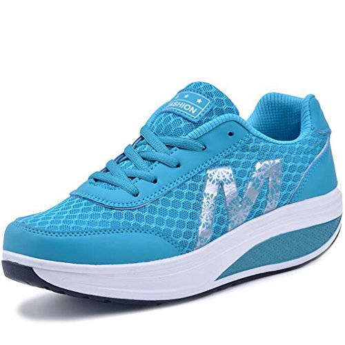 Solshine Damen Fashion Plateau Schnürer Sneakers Dämpfung Keilabsatz Fitnessschuhe 016 Blau2 35EU von Solshine