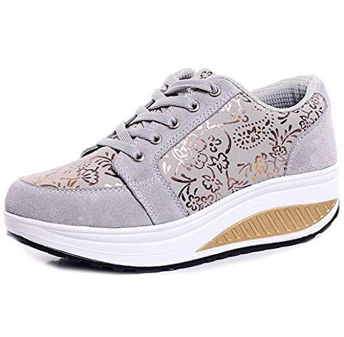 Solshine Damen Fashion Plateau Schnürer Sneakers Dämpfung Keilabsatz Fitnessschuhe 016 Grau3 35EU von Solshine