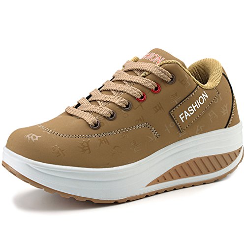 Solshine Damen Fashion Plateau Schnürer Sneakers Dämpfung Keilabsatz Fitnessschuhe 016 Khaki 40EU von Solshine