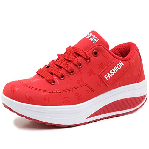 Solshine Damen Fashion Plateau Schnürer Sneakers Dämpfung Keilabsatz Fitnessschuhe 016 Rot 35EU von Solshine