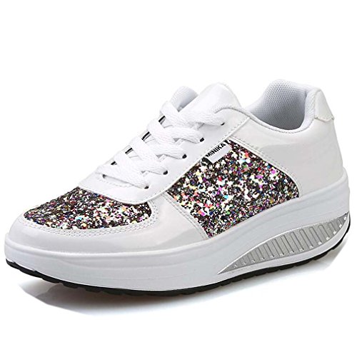 Solshine Damen Lackoptik Plateau Turnschuhe Glitzer Sneakers Freizeitschuhe M425 Weiß 37EU von Solshine
