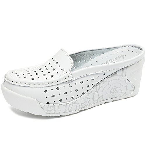 Solshine Damen Leder Blumen Plateau Keilabsatz Slipper Pantoffeln Weiss1 35EU von Solshine