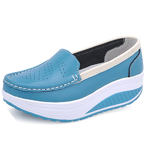 Solshine Damen Leder Hollow Out Loafers Plateau Keilabsatz Freizeitschuhe M659 Blau2 38EU von Solshine