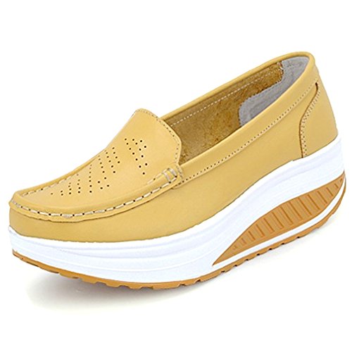 Solshine Damen Leder Hollow Out Loafers Plateau Keilabsatz Freizeitschuhe M659 Gelb2 39EU von Solshine