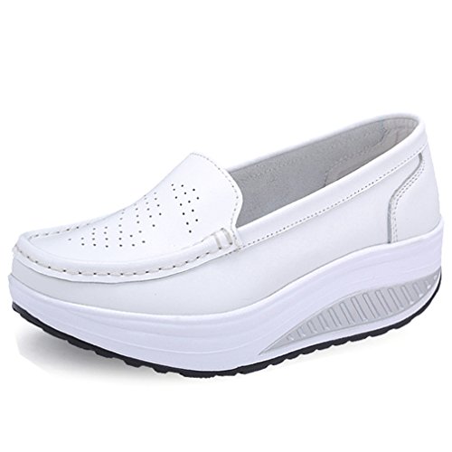 Solshine Damen Leder Hollow Out Loafers Plateau Keilabsatz Freizeitschuhe M659 Weiß2 37EU von Solshine