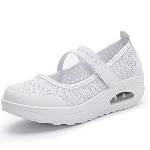 Solshine Damen Mesh Plateau Air Sportliche Freizeitschuhe Walkingschuhe P005 Weiss4, 39EU von Solshine