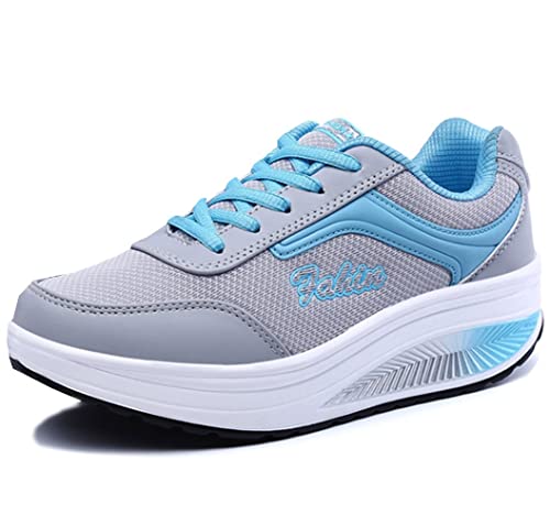 Solshine Damen Mesh Erhöhte Schnürer Plateau mit Keilabsatz Laufschuhe Sportschuhe, 39 EU, Farbe: Blau3 von Solshine