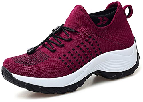 Solshine Damen Mesh Fitnessschuhe Plateau Turnschuhe Laufschuhe 694 Weinrot 35EU von Solshine
