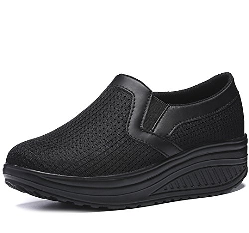 Solshine Damen Mesh Leichte Slip On Plateau Sportliche Walkingschuhe P218 Schwarz 41EU von Solshine