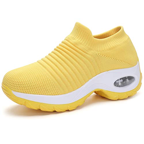 Solshine Damen Mesh Plateau mit Luftpolster Slip on Turnschuhe 579 Gelb 42EU von Solshine