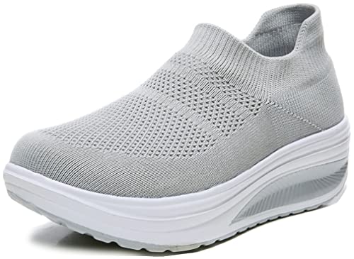 Solshine Damen Plateau Slip on Sneakers Fitness Walking Leichte Turnschuhe D251 Grau 38EU von Solshine