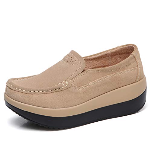 Solshine Damen Wildleder Plateau Loafers Keilabsatz Mokassins Slipper P025 Aprikose 35EU von Solshine