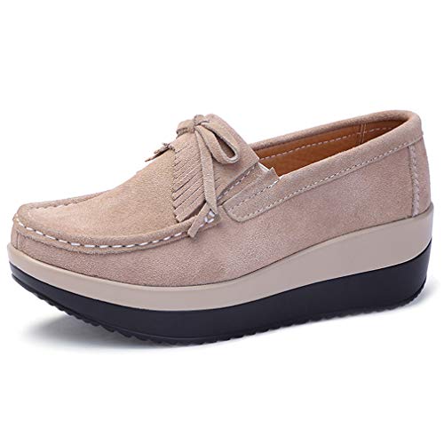 Solshine Damen Wildleder Plateau Loafers Keilabsatz Mokassins Slipper P025 Aprikose4 38EU von Solshine