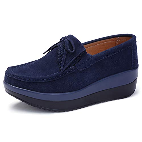 Solshine Damen Wildleder Plateau Loafers Keilabsatz Mokassins Slipper P025 Dunkelblau4 35EU von Solshine