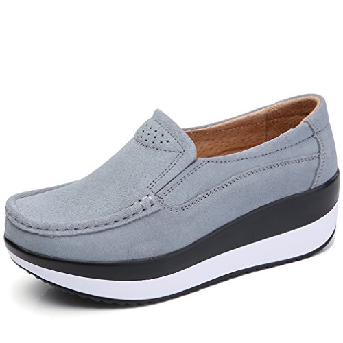 Solshine Damen Wildleder Plateau Loafers Keilabsatz Mokassins Slipper P025 Grau 37EU von Solshine