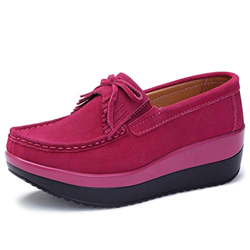 Solshine Damen Wildleder Plateau Loafers Keilabsatz Mokassins Slipper P025 Pink4 38EU von Solshine