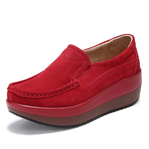 Solshine Damen Wildleder Plateau Loafers Keilabsatz Mokassins Slipper P025 Rot 40EU von Solshine