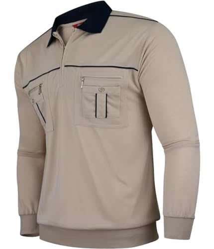 Soltice Herren Poloshirts Langarm Polohemden mit Brusttasche, Gestreifte Blousonshirts aus Baumwoll-Mix (L), [MH2] Beige von Soltice