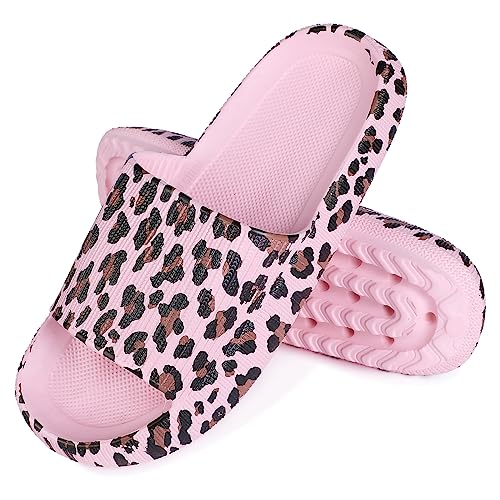 Solutra Badelatschen Damen Herren Sommer, Weiche Dicke Wolkenschuhe Damen Cozy Slides, Rutschfeste Badeschlappen Damen Hausschuhe Airfoot(42/43 EU,Rosa Leopardenmuster) von Solutra