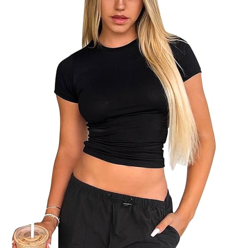 Solutra Basic Langarmshirt Damen Eng Crop Top Kurzarm Skims Dupe Oberteile Damen Sexy Y2K Tshirt, Damen Langarmshirt Casual Rundhals Teenager Streetwear (Kurzarm Schwarz,M) von Solutra