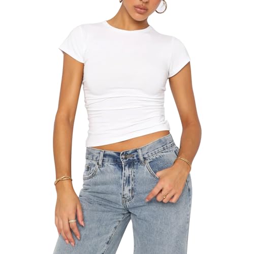 Solutra Basic Langarmshirt Damen Eng Crop Top Kurzarm Skims Dupe Oberteile Damen Sexy Y2K Tshirt, Damen Langarmshirt Casual Rundhals Teenager Streetwear (Kurzarm Weiß,L) von Solutra